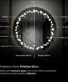 A round bathroom mirror with a decorative border of star shaped LED light. The mirror has a pristine glass surface for a clear reflection. Text overlaid on the image reads ‘Glazonoid, Reflection of Quality, Guaranteed’ This text is likely referring to the brand name and a quality guarantee.
