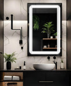 Bathroom vanity set with a rectangular mirror with a built-in dimmable LED light and a white ceramic sink with a chrome faucet. Text overlay says 'Upgrade your bathroom with our all-in-one vanity set. The mirror features a built-in dimmable LED light for perfect lighting every time.' This modern vanity set is perfect for a quick bathroom refresh. This space-saving vanity set is a great choice for small bathrooms.