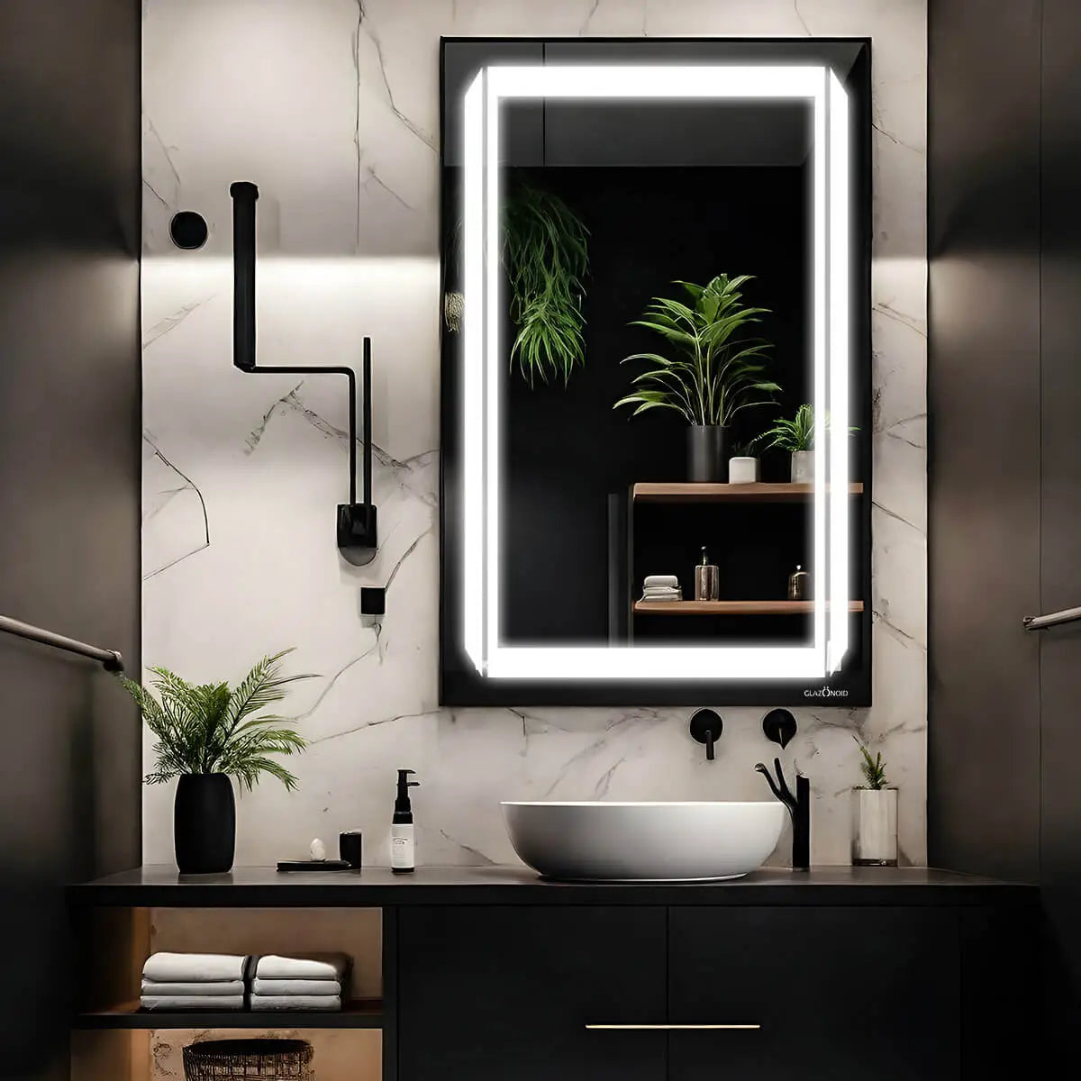 Bathroom vanity set with a rectangular mirror with a built-in dimmable LED light and a white ceramic sink with a chrome faucet. Text overlay says 'Upgrade your bathroom with our all-in-one vanity set. The mirror features a built-in dimmable LED light for perfect lighting every time.' This modern vanity set is perfect for a quick bathroom refresh. This space-saving vanity set is a great choice for small bathrooms.
