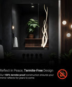 Modern bathroom LED mirror with a reflection of a potted fern on a shelf. The text overlay describes that the mirror is made out of termite proof material and is safe to use.