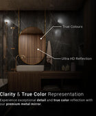 A close-up of a modern bathroom mirror with text in the top left corner that reads 