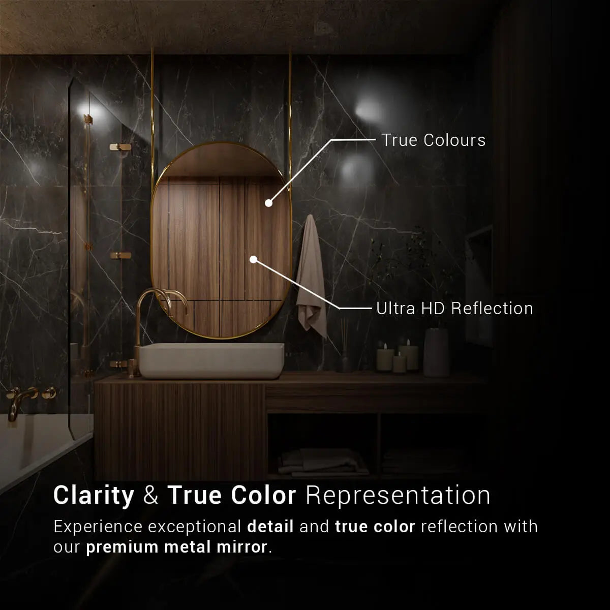 A close-up of a modern bathroom mirror with text in the top left corner that reads "True Colours" and "Ultra HD Reflection". The mirror has a polished metal frame of gold color.