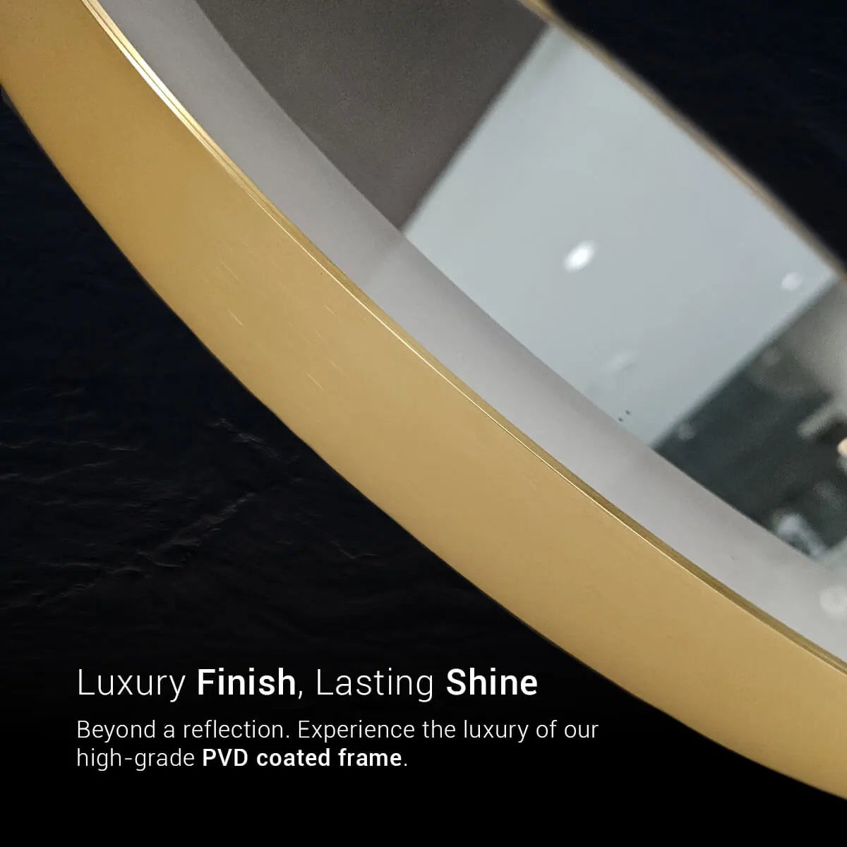 A lighted bathroom mirror featuring a round shape, a golden frame, built-in bright white LED light. This mirror is wall-mounted and features a touch sensor for easy on/off control. Text overlay says "Glazonoid: Luxury Finish, Lasting Shine. PVD coated frame for a touch of luxury that lasts."