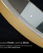 A lighted bathroom mirror featuring a round shape, a golden frame, built-in bright white LED light. This mirror is wall-mounted and features a touch sensor for easy on/off control. Text overlay says 