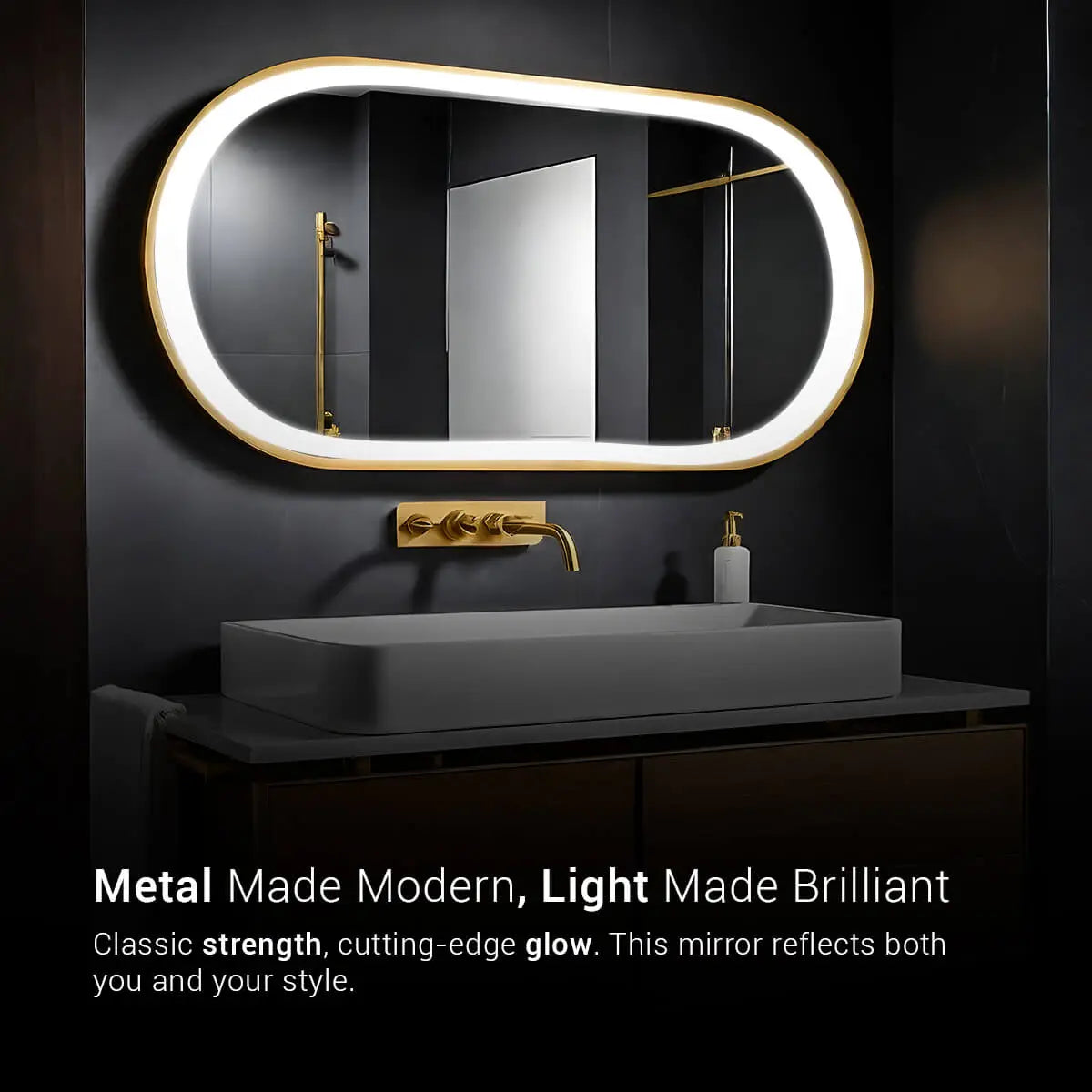 Pill Shaped Metal Mirror | Bright LED Lights |Corrosion Free | Premium Quality | Glazonoid