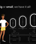 A variety of vanity mirrors in different sizes (18, 24, 36 inches) displayed side-by-side. The text 