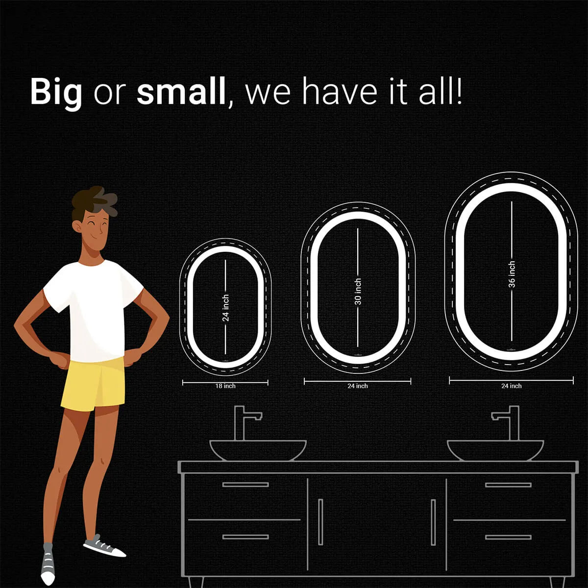 A variety of vanity mirrors in different sizes (18, 24, 36 inches) displayed side-by-side. The text "Big or small, we have it all!" appears at the top. You can select the bathroom vanity mirrors in various sizes (18", 24", 36") to suit your bathroom needs.