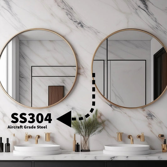 Two metal mirrors on a white marble. in a modern bathroom