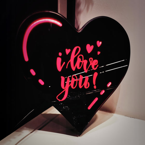 Glowing Love: Black Glass Heart with Red LED Etching - Glazonoid