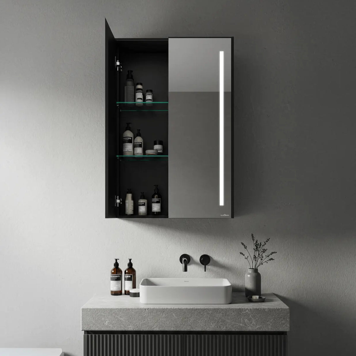Double Door Mirror Cabinet | Matt Black | Bluetooth