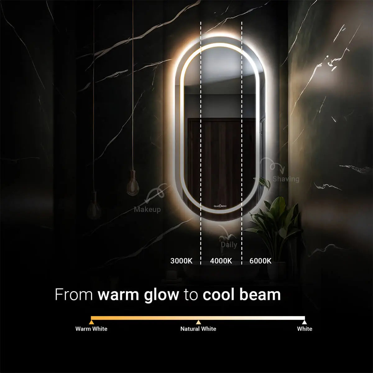 A wall-mounted, oval-shaped bathroom mirror. The mirror has an LED light strip with adjustable color temperature. Below the mirror, there are three color temperature settings: warm white (3000K), natural white (4000K), and cool white (6000K). The text "Shaving" is written next to the warm white setting, "Makeup" is written next to the natural white setting, and "Daily" is written next to the cool white setting.