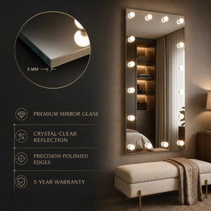 Full Length Bedroom Mirror with Bulbs | 3W Studio Lit