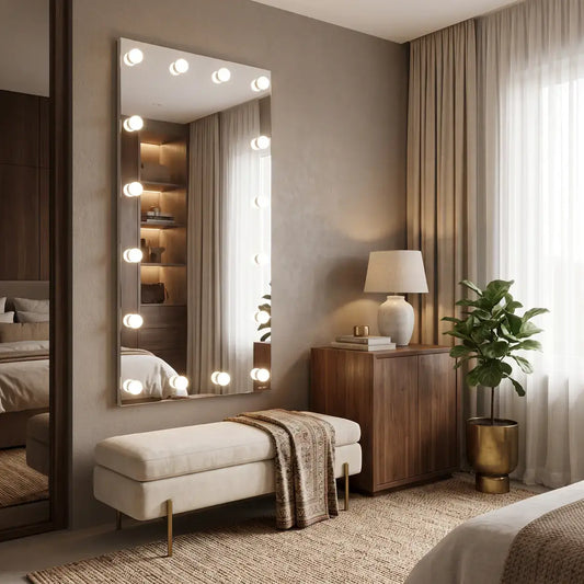 Full length bedroom Hollywood mirror with illuminated studio bulbs in a premium bedroom during daytime