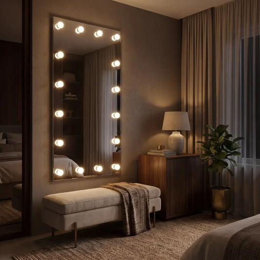 Full length bedroom Hollywood mirror illuminated by studio bulbs in a premium bedroom at night
