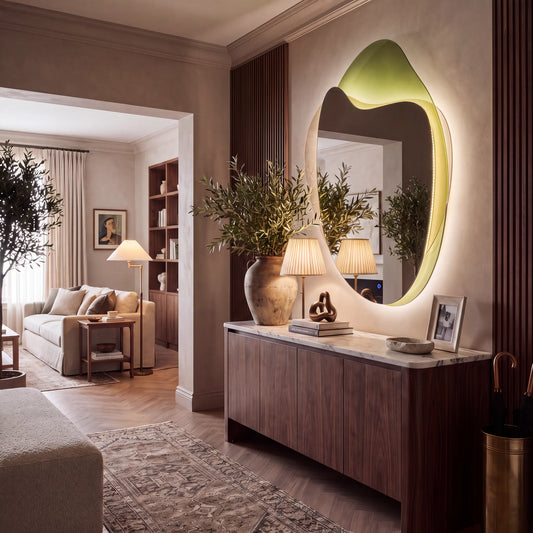 Sculpted layered glass mirror in Signature Lime in a richly styled living room