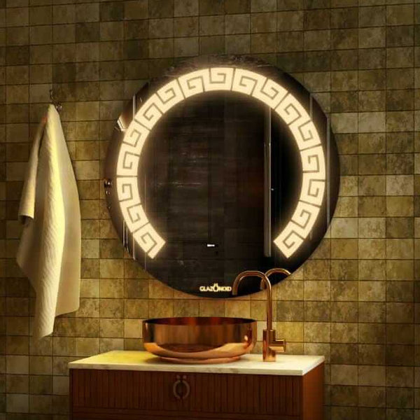 Washbasin Mirror in circular shape above washbasin in dark bathroom