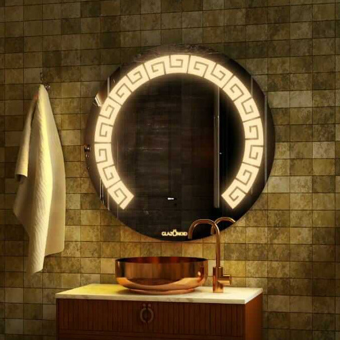 Washbasin Mirror in circular shape above washbasin in dark bathroom