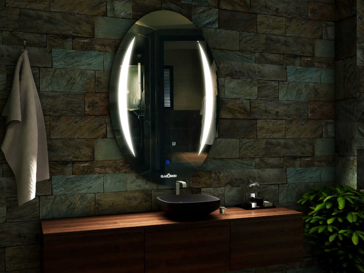 Crescent Side Border Oval Mirror | 5-Year Warranty, Premium Quality, Customizable LED Lighting | Glazonoid