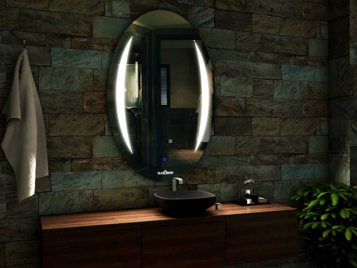 Crescent Side Border Oval Mirror | 5-Year Warranty, Premium Quality, Customizable LED Lighting | Glazonoid