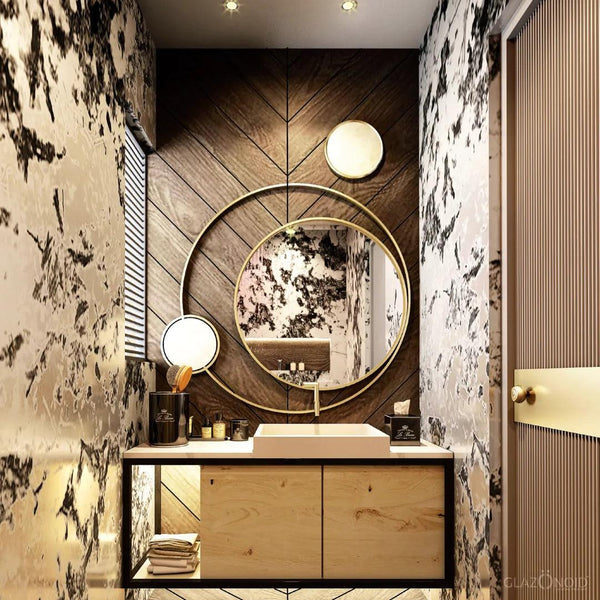 decorative wall mirror on wall above wash basin with metal frame