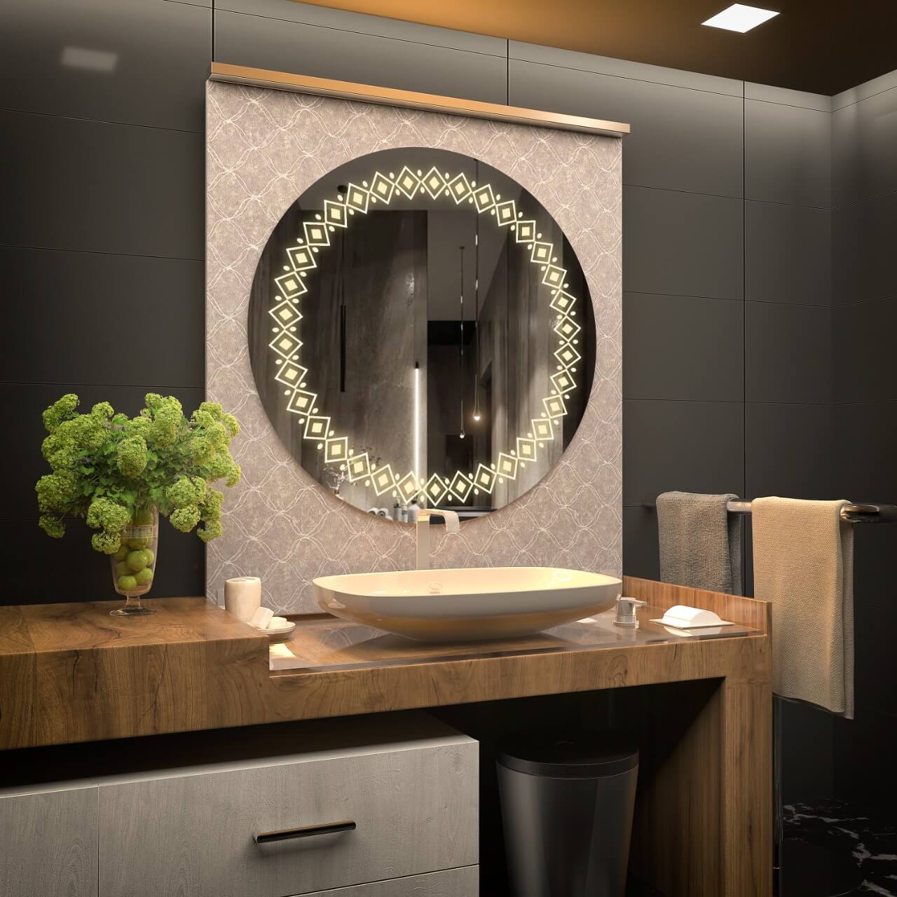rounded LED mirror for bathroom
