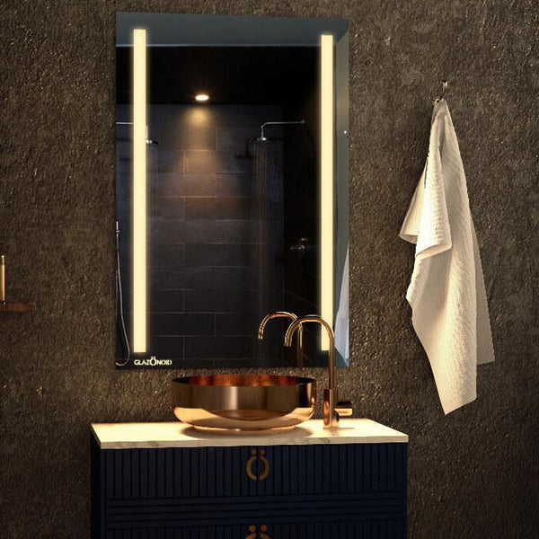 led mirror with white lights over washbasin