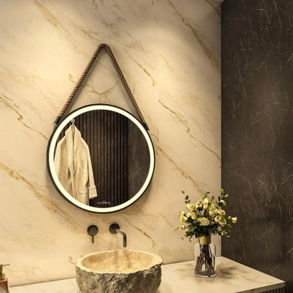 hanging mirror for wall above washbasin with lights