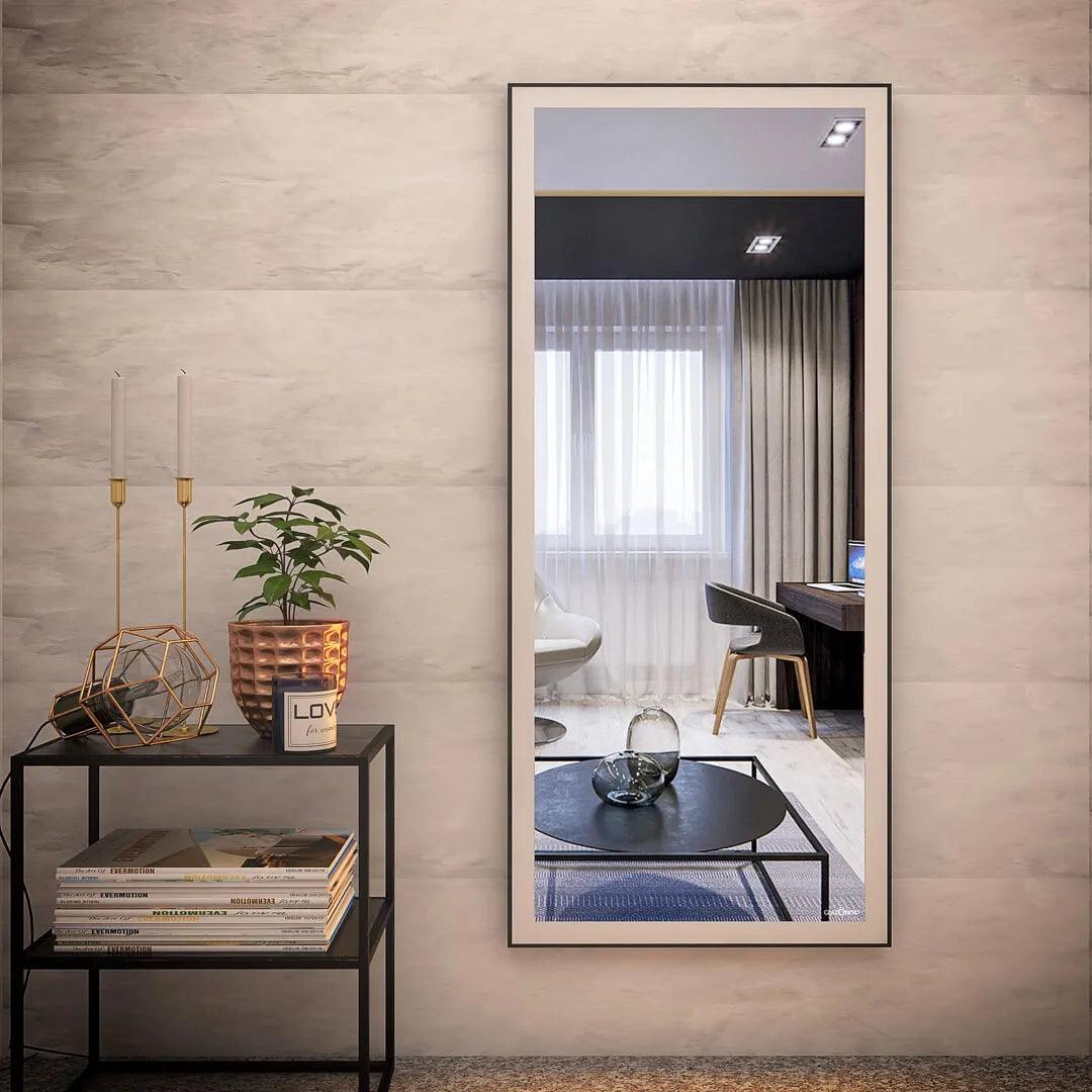 Standing rectangular wall mirror in living room