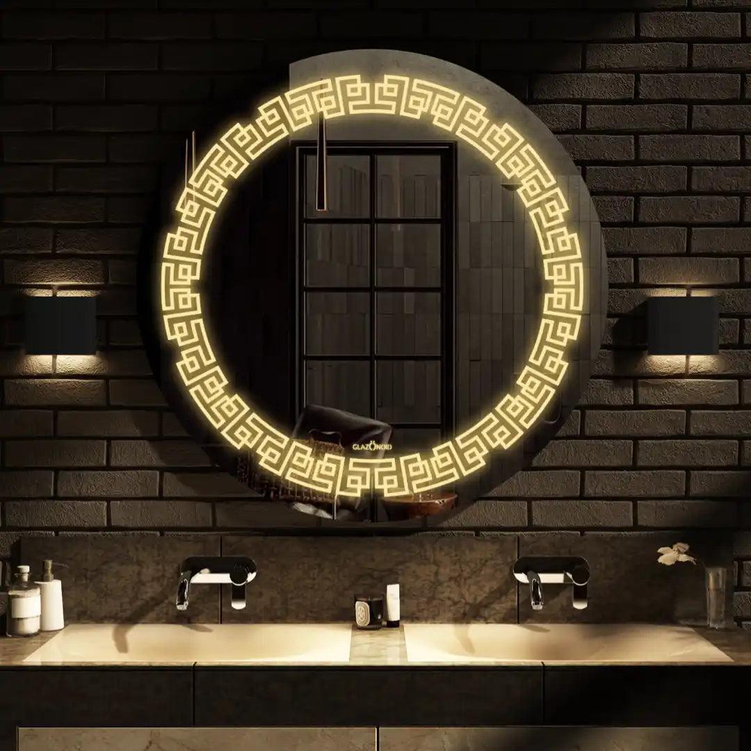 Motif Round Design Mirror | 5-Year Warranty, Premium Quality, Customizable LED Lighting | Glazonoid