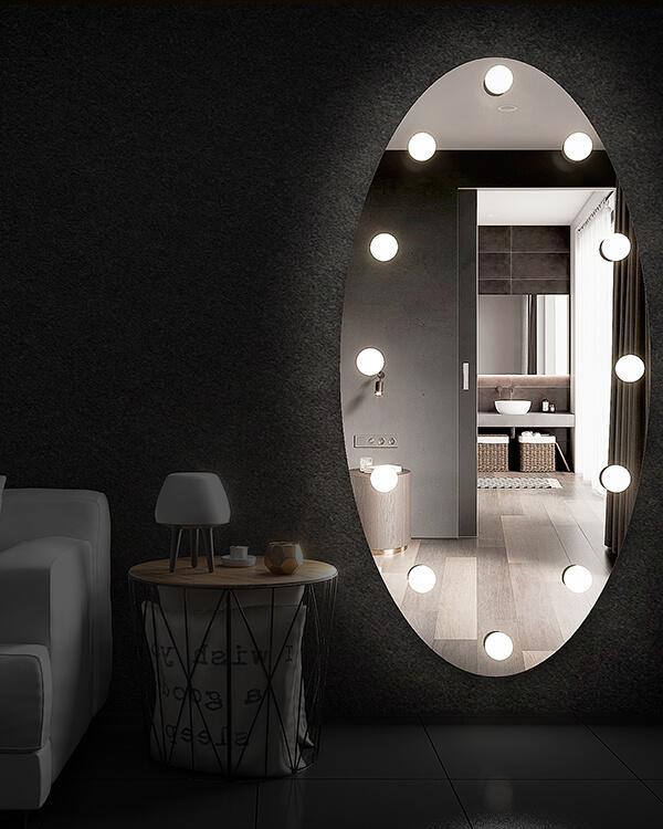 oval full length bedroom mirror with white lights