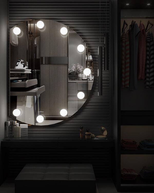 round standing mirror with white led bulbs